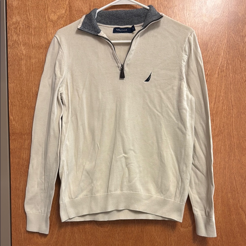 Nautica Beige and Gray Quarter-Zip Pullover Sweater Men’s Size S Casual Cozy